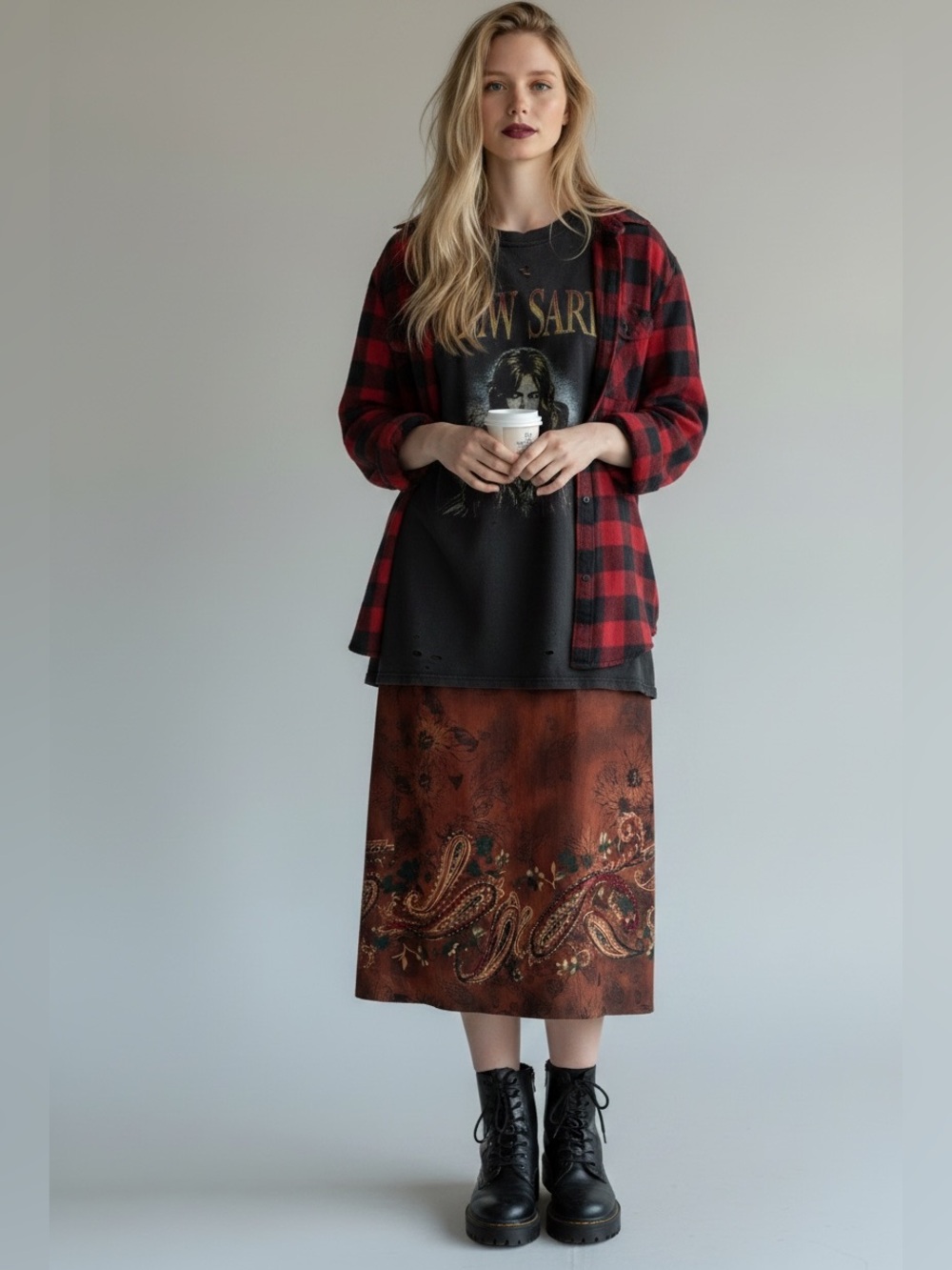 Requirements Faux Suede Paisley A-Line Midi Skirt Women’s Size 10 Brown Grunge - Picture 5 of 9